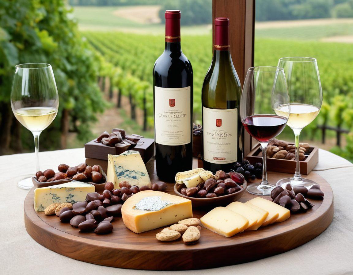 A beautifully arranged display of luxurious wine-themed gifts, including handcrafted wooden wine holders, elegant wine glasses, artisanal cheese boards, and assorted gourmet chocolates. The scene is set in a cozy ambiance with soft lighting, surrounded by a vineyard backdrop. Add subtle wine-related decorations like grapevines and corks. Infuse a sense of elegance and celebration that highlights special occasions. super-realistic. vibrant colors. cozy atmosphere.