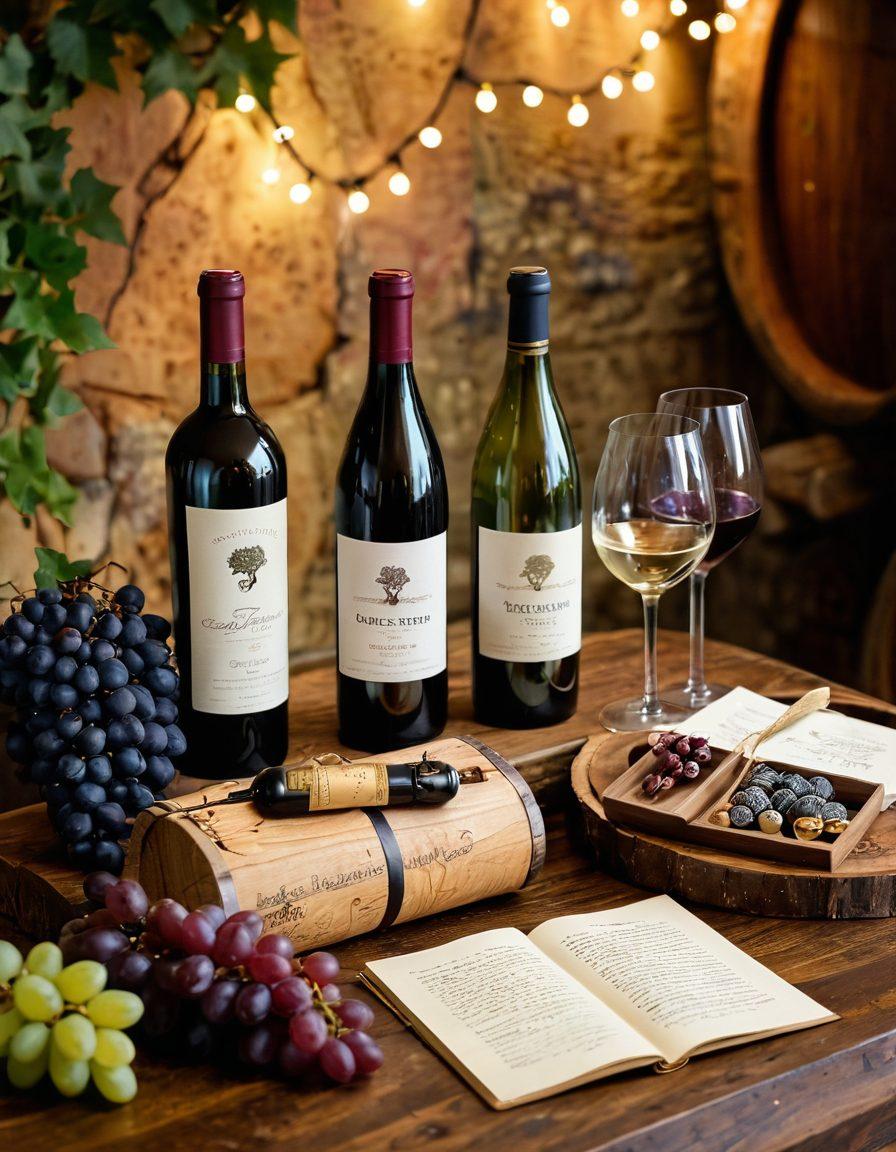 A beautifully arranged table featuring an assortment of unique wine-related gifts, including handcrafted wine stoppers, elegant glasses, and a wine tasting notebook, surrounded by vibrant wine bottles and bunches of grapes. In the background, a rustic vineyard setting with twinkling fairy lights adds ambiance, while a corkscrew and a wine barrel accentuate the theme. The scene should evoke a warm, inviting atmosphere that sparks creativity. vibrant colors. super-realistic. soft focus.