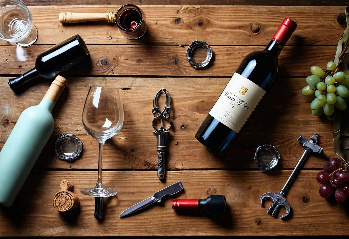 A beautifully arranged flat lay showcasing an array of creative wine accessories, including an elegant corkscrew, colorful bottle stoppers, and a unique wine aerator, all placed on a rustic wooden table. Soft natural light illuminates the scene, highlighting the textures and colors of the accessories. A bottle of wine and two glasses partially filled with wine are artfully included in the background. The composition conveys a warm, inviting atmosphere perfect for wine enthusiasts. super-realistic. vibrant colors. soft focus.